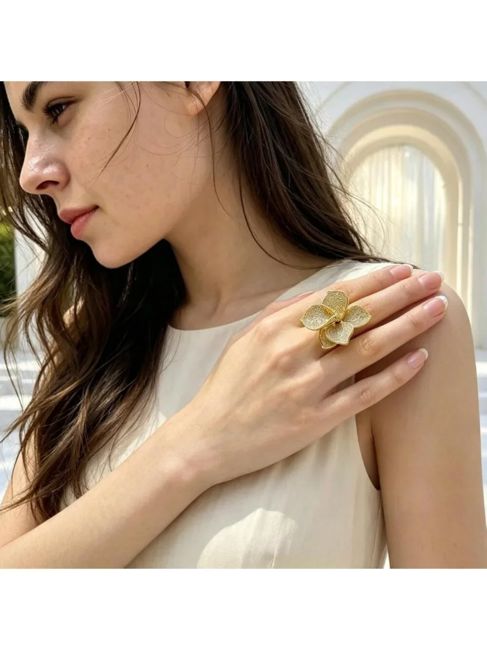 Adjustable Gold Flower Statement Ring with Cubic Zirconia - Chunky Floral